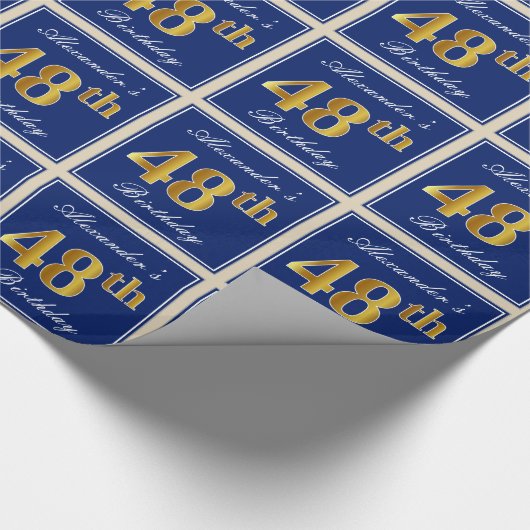 Elegant, blauw, Faux Gold 48th Birthday + naam Cadeaupapier (Hoek)