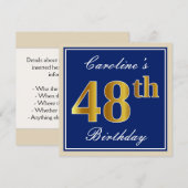 Elegant, blauw, Faux Gold 48th Birthday + naam Kaart (Voorkant / Achterkant)