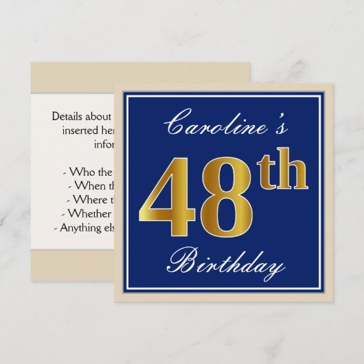 Elegant, blauw, Faux Gold 48th Birthday + naam Kaart (Voorkant / Achterkant)