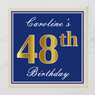 Elegant, blauw, Faux Gold 48th Birthday + naam Kaart