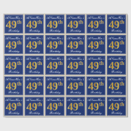 Elegant, blauw, Faux Gold 49th Birthday + naam Cadeaupapier