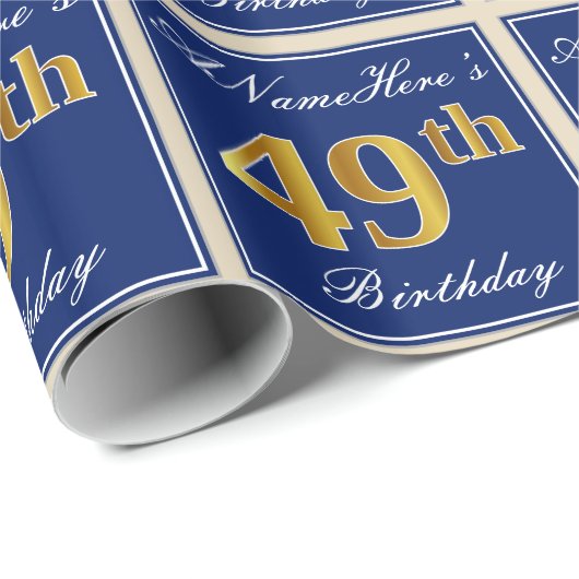 Elegant, blauw, Faux Gold 49th Birthday + naam Cadeaupapier (Rol Hoek)