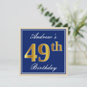Elegant, blauw, Faux Gold 49th Birthday + naam Kaart (Staand voorkant)