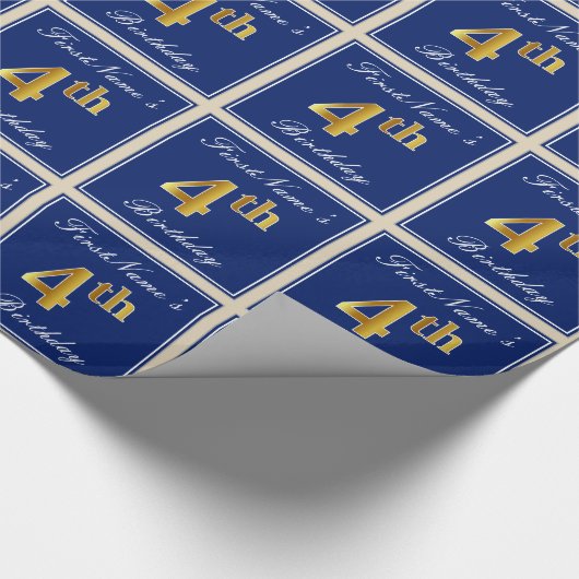 Elegant, blauw, Faux Gold 4th Birthday; aangepaste Cadeaupapier (Hoek)
