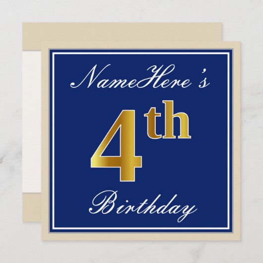 Elegant, blauw, Faux Gold 4th Birthday; aangepaste Kaart (Voorkant / Achterkant)