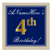 Elegant, blauw, Faux Gold 4th Birthday; aangepaste Perfect Poster (Voorkant)