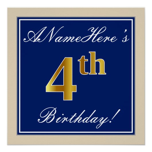 Elegant, blauw, Faux Gold 4th Birthday; aangepaste Perfect Poster (Voorkant)