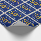 Elegant, blauw, Faux Gold 50th Birthday + naam Cadeaupapier (Hoek)