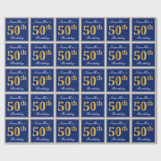 Elegant, blauw, Faux Gold 50th Birthday + naam Cadeaupapier (Vlak)