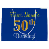 Elegant, blauw, Faux Gold 50th Birthday + naam Groot Cadeauzakje (Achterkant)