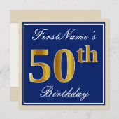 Elegant, blauw, Faux Gold 50th Birthday + naam Kaart (Voorkant / Achterkant)