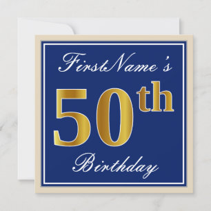 Elegant, blauw, Faux Gold 50th Birthday + naam Kaart