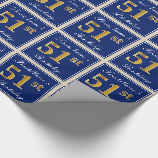 Elegant, blauw, Faux Gold 51st Birthday + naam Cadeaupapier (Hoek)