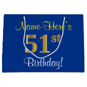 Elegant, blauw, Faux Gold 51st Birthday + naam Groot Cadeauzakje (Voorkant)