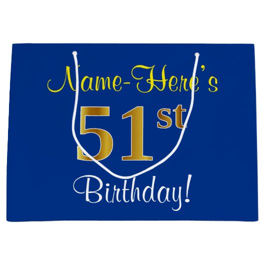 Elegant, blauw, Faux Gold 51st Birthday + naam Groot Cadeauzakje (Voorkant)