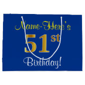 Elegant, blauw, Faux Gold 51st Birthday + naam Groot Cadeauzakje (Achterkant)