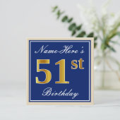 Elegant, blauw, Faux Gold 51st Birthday + naam Kaart (Staand voorkant)