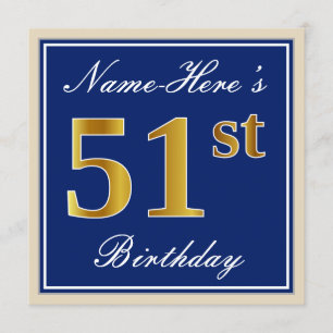 Elegant, blauw, Faux Gold 51st Birthday + naam Kaart