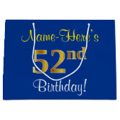 Elegant, blauw, Faux Gold 52e verjaardag + naam Groot Cadeauzakje (Voorkant)