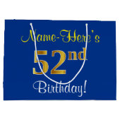 Elegant, blauw, Faux Gold 52e verjaardag + naam Groot Cadeauzakje (Achterkant)