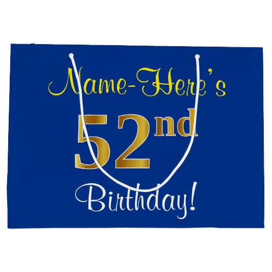 Elegant, blauw, Faux Gold 52e verjaardag + naam Groot Cadeauzakje (Achterkant)