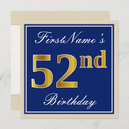 Elegant, blauw, Faux Gold 52e verjaardag + naam Kaart (Voorkant / Achterkant)