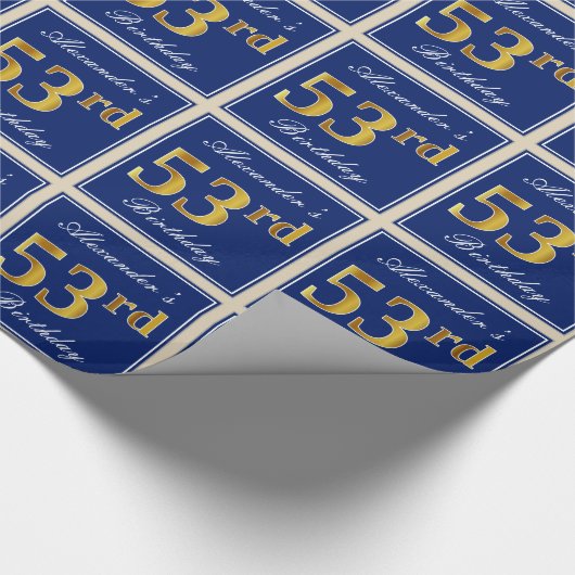 Elegant, blauw, Faux Gold 53rd Birthday + naam Cadeaupapier (Hoek)