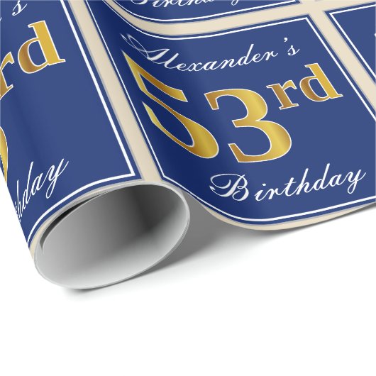 Elegant, blauw, Faux Gold 53rd Birthday + naam Cadeaupapier (Rol Hoek)