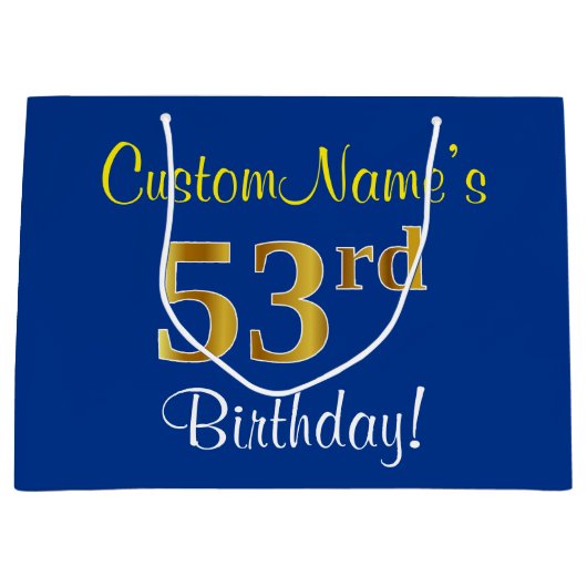 Elegant, blauw, Faux Gold 53rd Birthday + naam Groot Cadeauzakje (Voorkant)