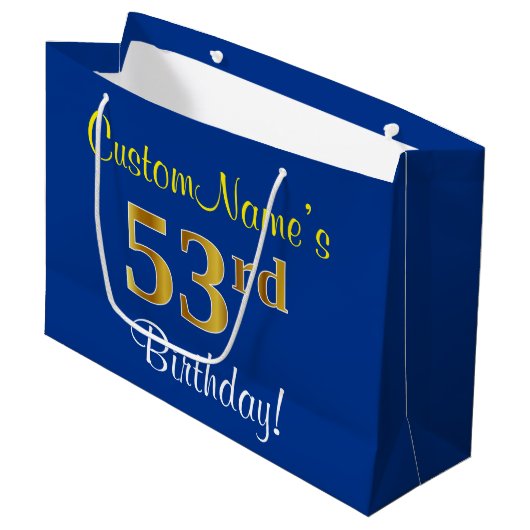 Elegant, blauw, Faux Gold 53rd Birthday + naam Groot Cadeauzakje (Voorkant Gekanteld)