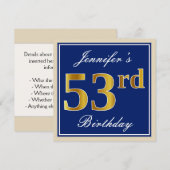 Elegant, blauw, Faux Gold 53rd Birthday + naam Kaart (Voorkant / Achterkant)
