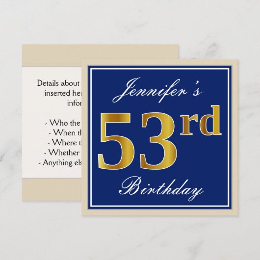 Elegant, blauw, Faux Gold 53rd Birthday + naam Kaart (Voorkant / Achterkant)