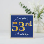 Elegant, blauw, Faux Gold 53rd Birthday + naam Kaart (Staand voorkant)