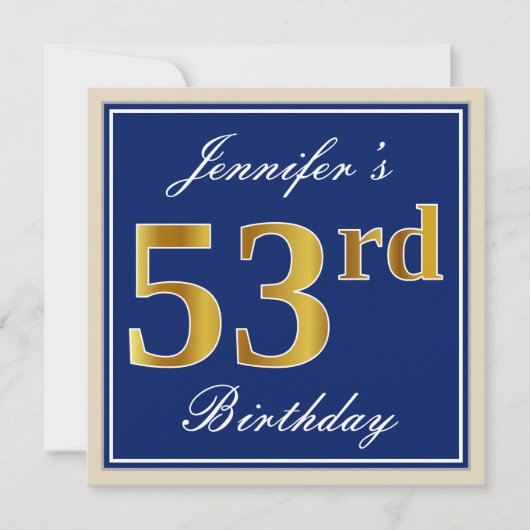 Elegant, blauw, Faux Gold 53rd Birthday + naam Kaart (Voorkant)