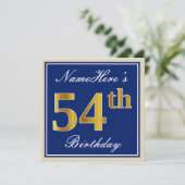 Elegant, blauw, Faux Gold 54th Birthday + naam Kaart (Staand voorkant)