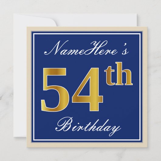 Elegant, blauw, Faux Gold 54th Birthday + naam Kaart (Voorkant)