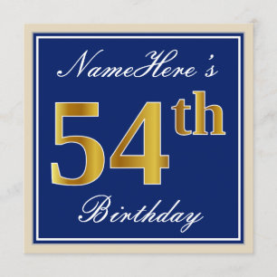 Elegant, blauw, Faux Gold 54th Birthday + naam Kaart