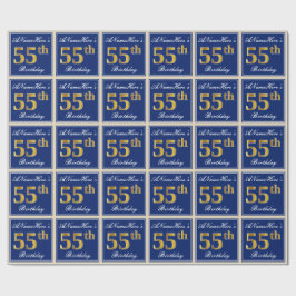 Elegant, blauw, Faux Gold 55th Birthday + naam Cadeaupapier