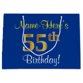 Elegant, blauw, Faux Gold 55th Birthday + naam Groot Cadeauzakje (Voorkant)