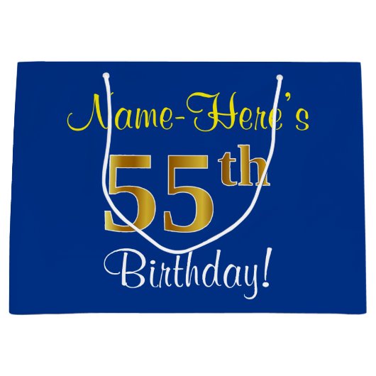 Elegant, blauw, Faux Gold 55th Birthday + naam Groot Cadeauzakje (Voorkant)