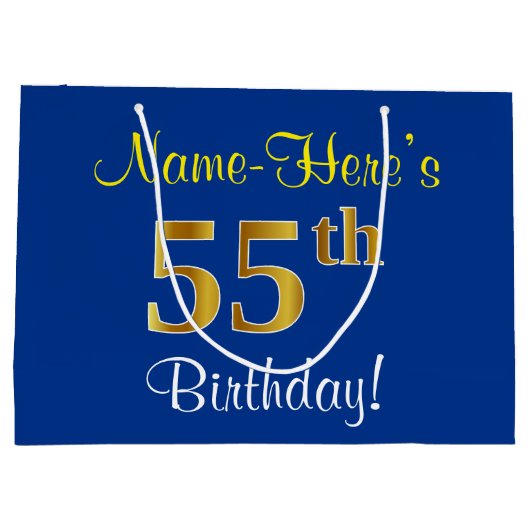 Elegant, blauw, Faux Gold 55th Birthday + naam Groot Cadeauzakje (Achterkant)