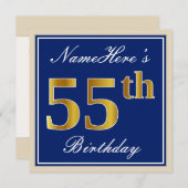 Elegant, blauw, Faux Gold 55th Birthday + naam Kaart (Voorkant / Achterkant)