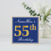 Elegant, blauw, Faux Gold 55th Birthday + naam Kaart (Staand voorkant)