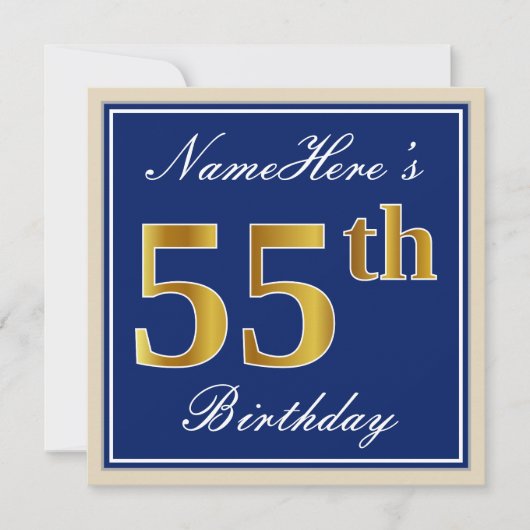 Elegant, blauw, Faux Gold 55th Birthday + naam Kaart (Voorkant)