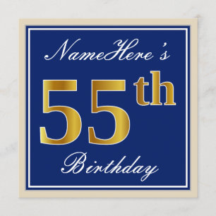 Elegant, blauw, Faux Gold 55th Birthday + naam Kaart