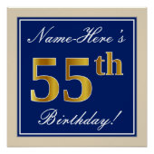 Elegant, blauw, Faux Gold 55th Birthday + naam Poster (Voorkant)