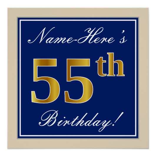 Elegant, blauw, Faux Gold 55th Birthday + naam Poster (Voorkant)