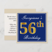 Elegant, blauw, Faux Gold 56th Birthday + naam Kaart (Voorkant / Achterkant)