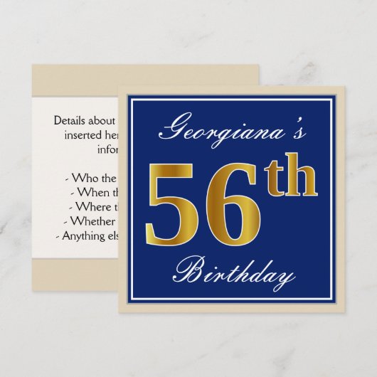 Elegant, blauw, Faux Gold 56th Birthday + naam Kaart (Voorkant / Achterkant)
