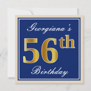 Elegant, blauw, Faux Gold 56th Birthday + naam Kaart
